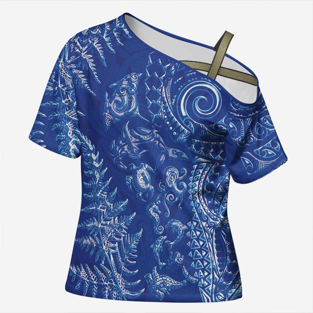 New Zealand Sea Animals Cross Shoulder Shirt with Maori Koru Tribal Tattoo and Silver Ferns Aquatic Style LT03 Female Navy - Polynesian Pride