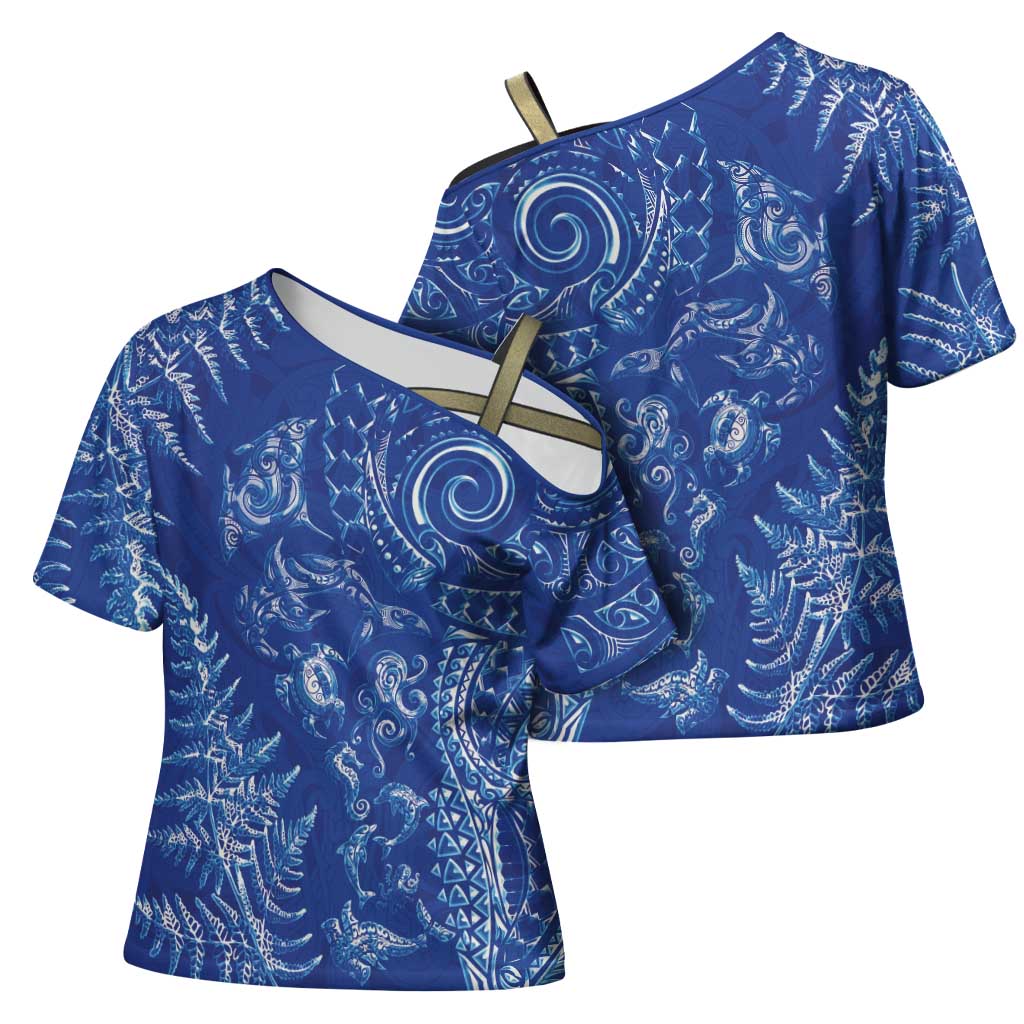 New Zealand Sea Animals Cross Shoulder Shirt with Maori Koru Tribal Tattoo and Silver Ferns Aquatic Style LT03 - Polynesian Pride
