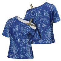 New Zealand Sea Animals Cross Shoulder Shirt with Maori Koru Tribal Tattoo and Silver Ferns Aquatic Style LT03 - Polynesian Pride