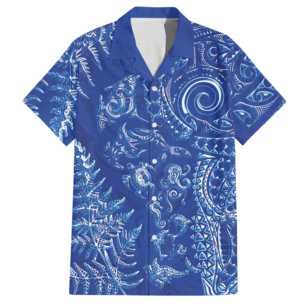 New Zealand Sea Animals Hawaiian Shirt with Maori Koru Tribal Tattoo and Silver Ferns Aquatic Style LT03 Navy - Polynesian Pride