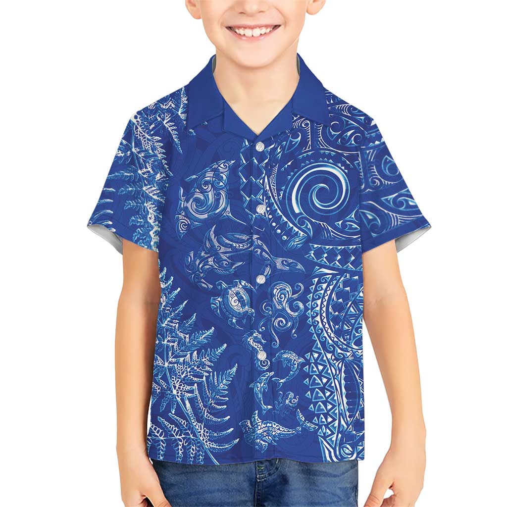 New Zealand Sea Animals Hawaiian Shirt with Maori Koru Tribal Tattoo and Silver Ferns Aquatic Style LT03 - Polynesian Pride
