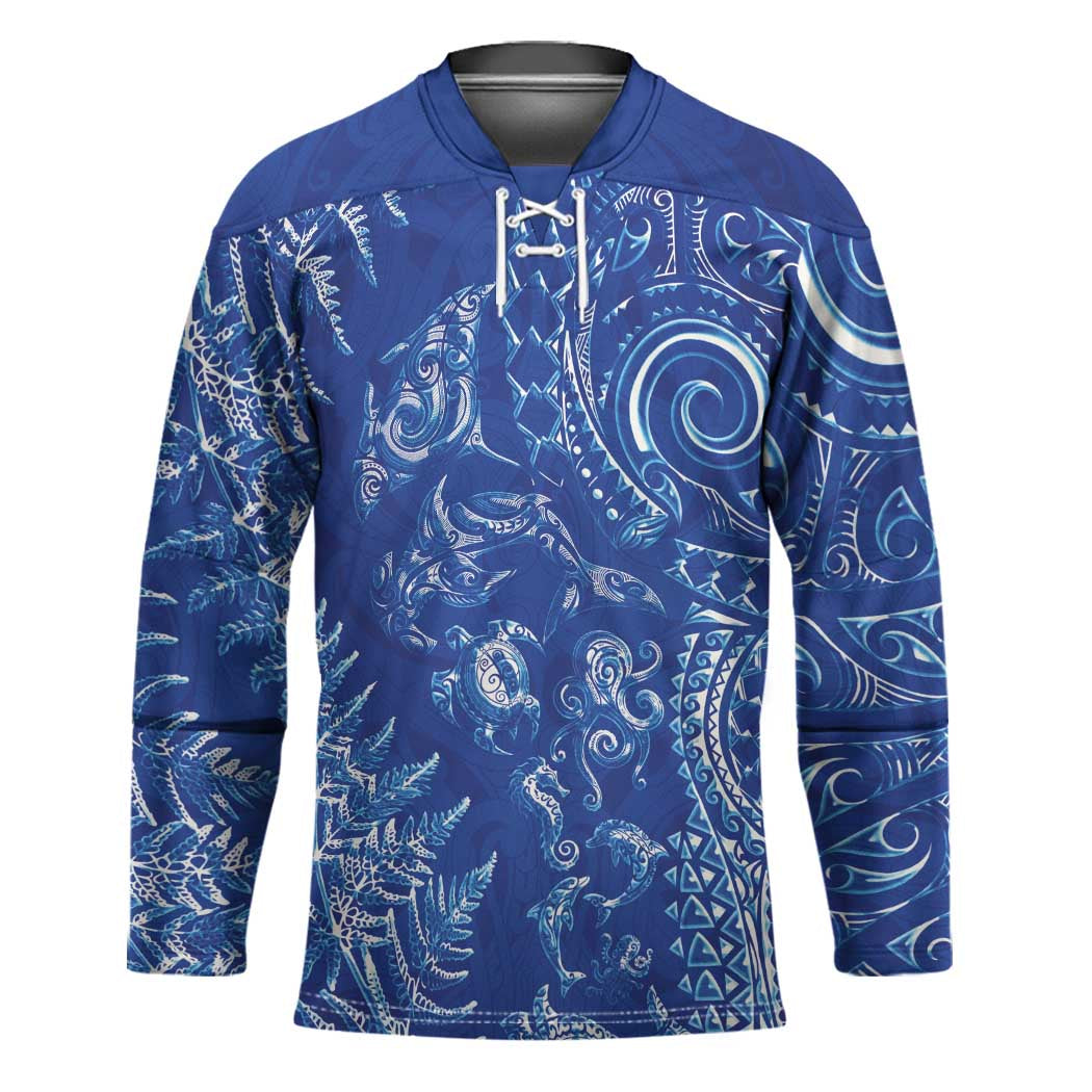 New Zealand Sea Animals Hockey Jersey with Maori Koru Tribal Tattoo and Silver Ferns Aquatic Style LT03 Unisex Navy - Polynesian Pride