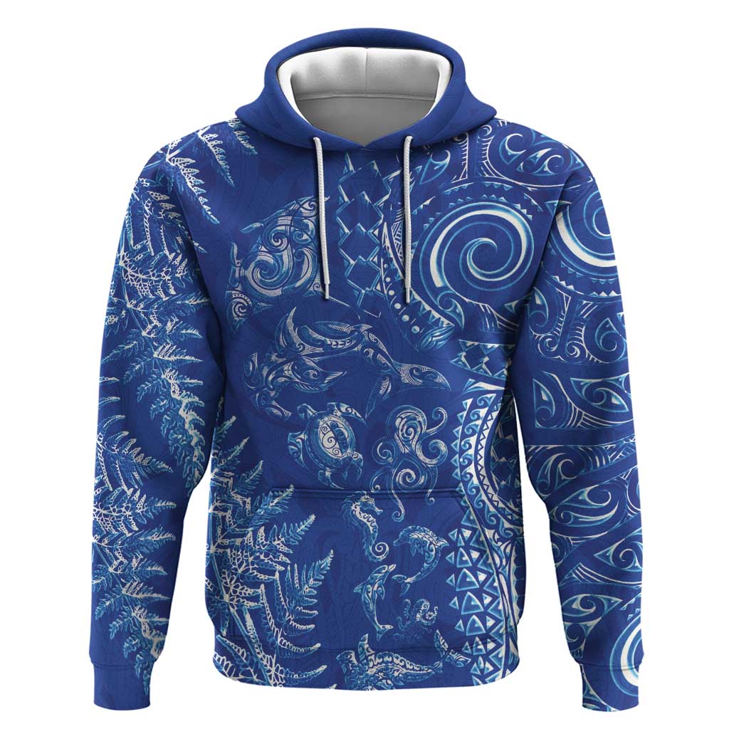 New Zealand Sea Animals Hoodie with Maori Koru Tribal Tattoo and Silver Ferns Aquatic Style LT03 Pullover Hoodie Navy - Polynesian Pride