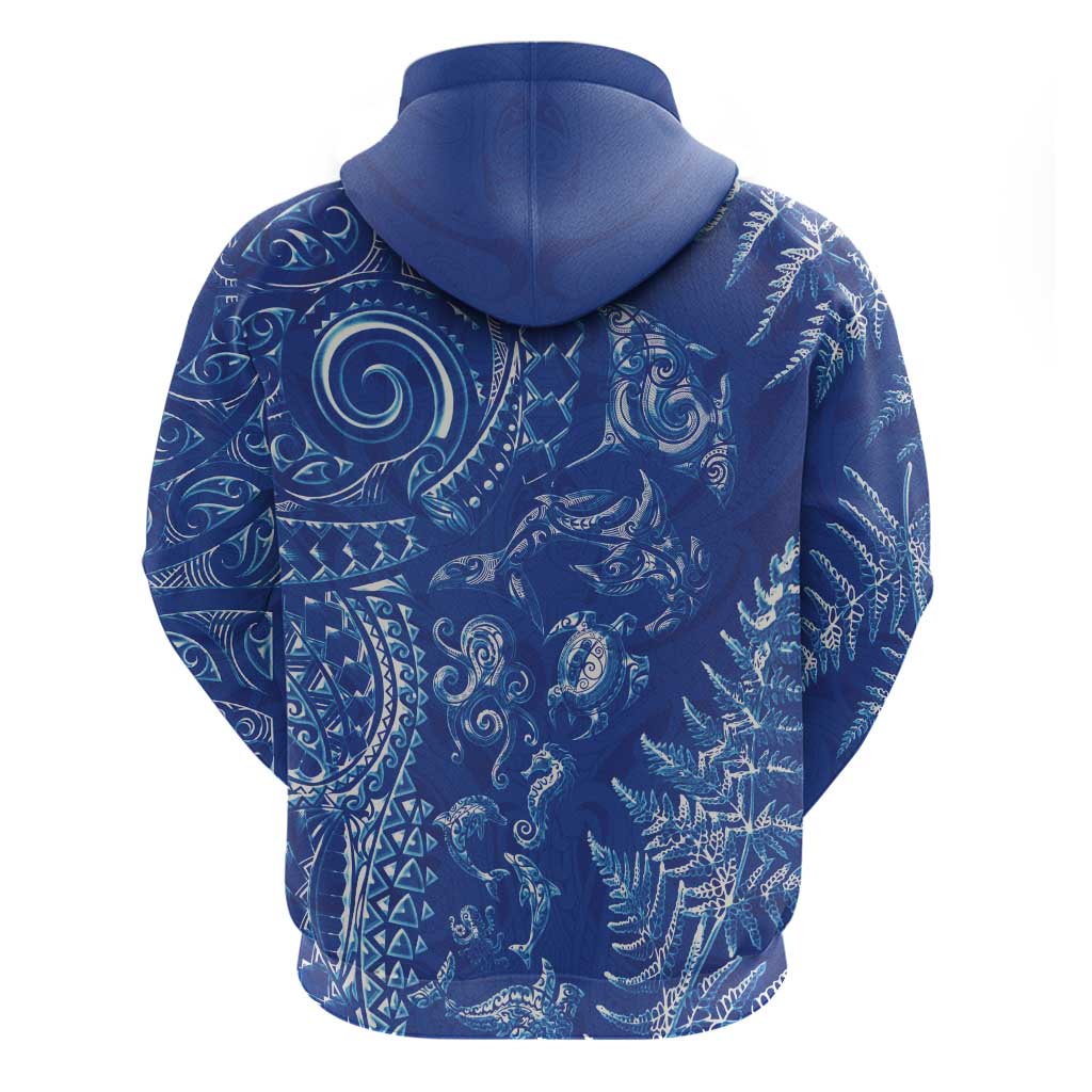 New Zealand Sea Animals Hoodie with Maori Koru Tribal Tattoo and Silver Ferns Aquatic Style LT03 - Polynesian Pride