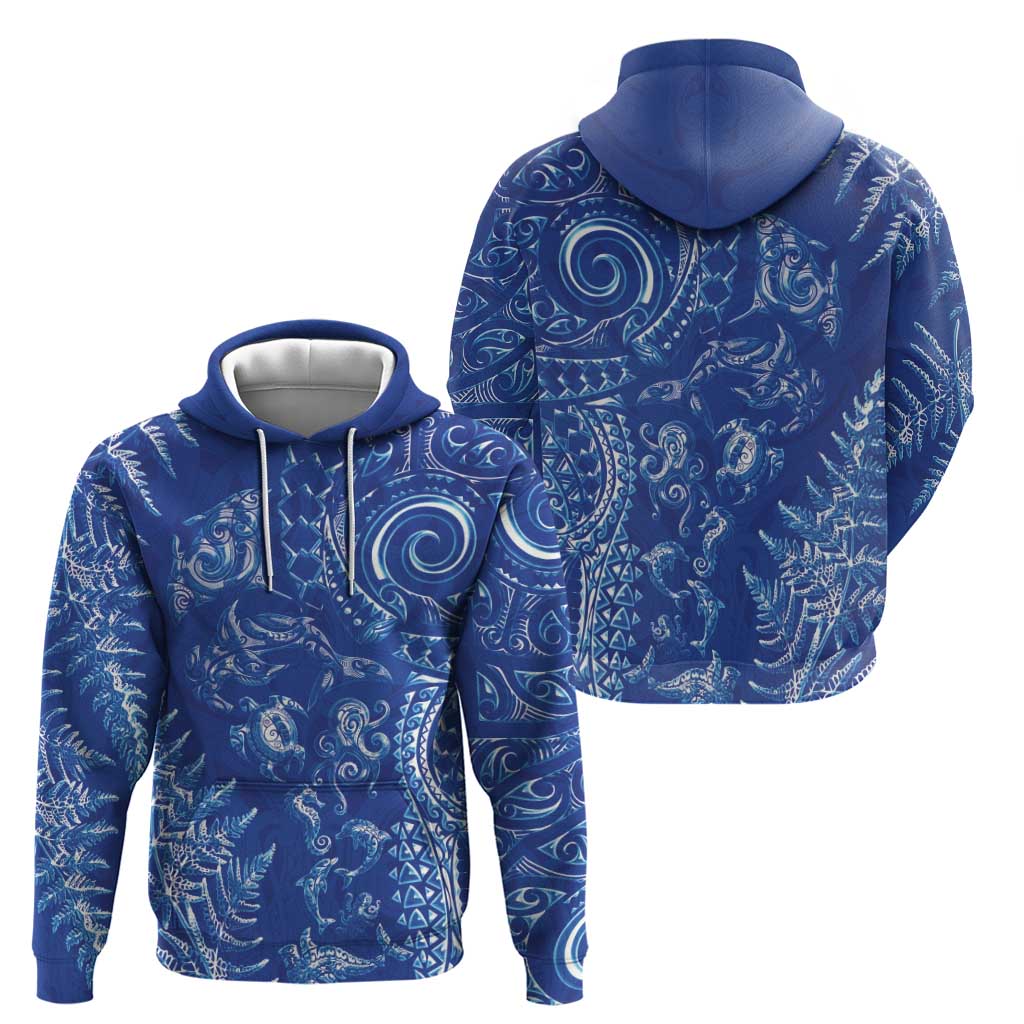New Zealand Sea Animals Hoodie with Maori Koru Tribal Tattoo and Silver Ferns Aquatic Style LT03 - Polynesian Pride