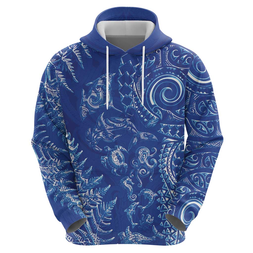 New Zealand Sea Animals Hoodie with Maori Koru Tribal Tattoo and Silver Ferns Aquatic Style LT03 - Polynesian Pride
