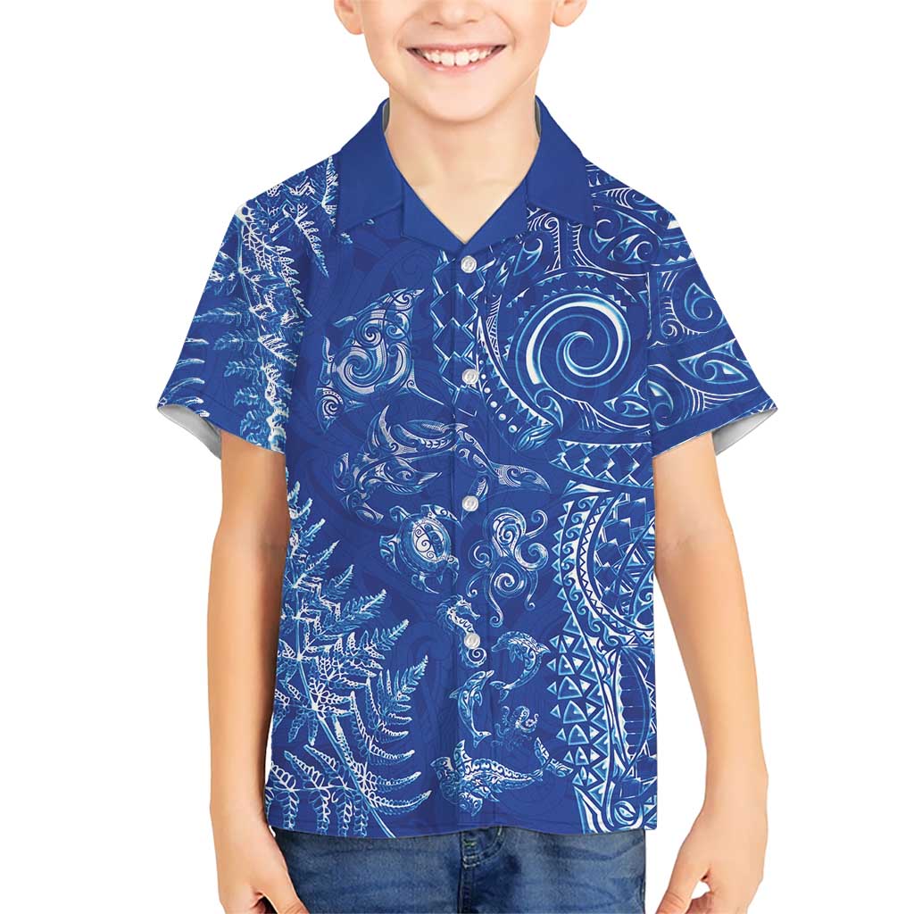 New Zealand Sea Animals Kid Hawaiian Shirt with Maori Koru Tribal Tattoo and Silver Ferns Aquatic Style LT03 Kid Navy - Polynesian Pride