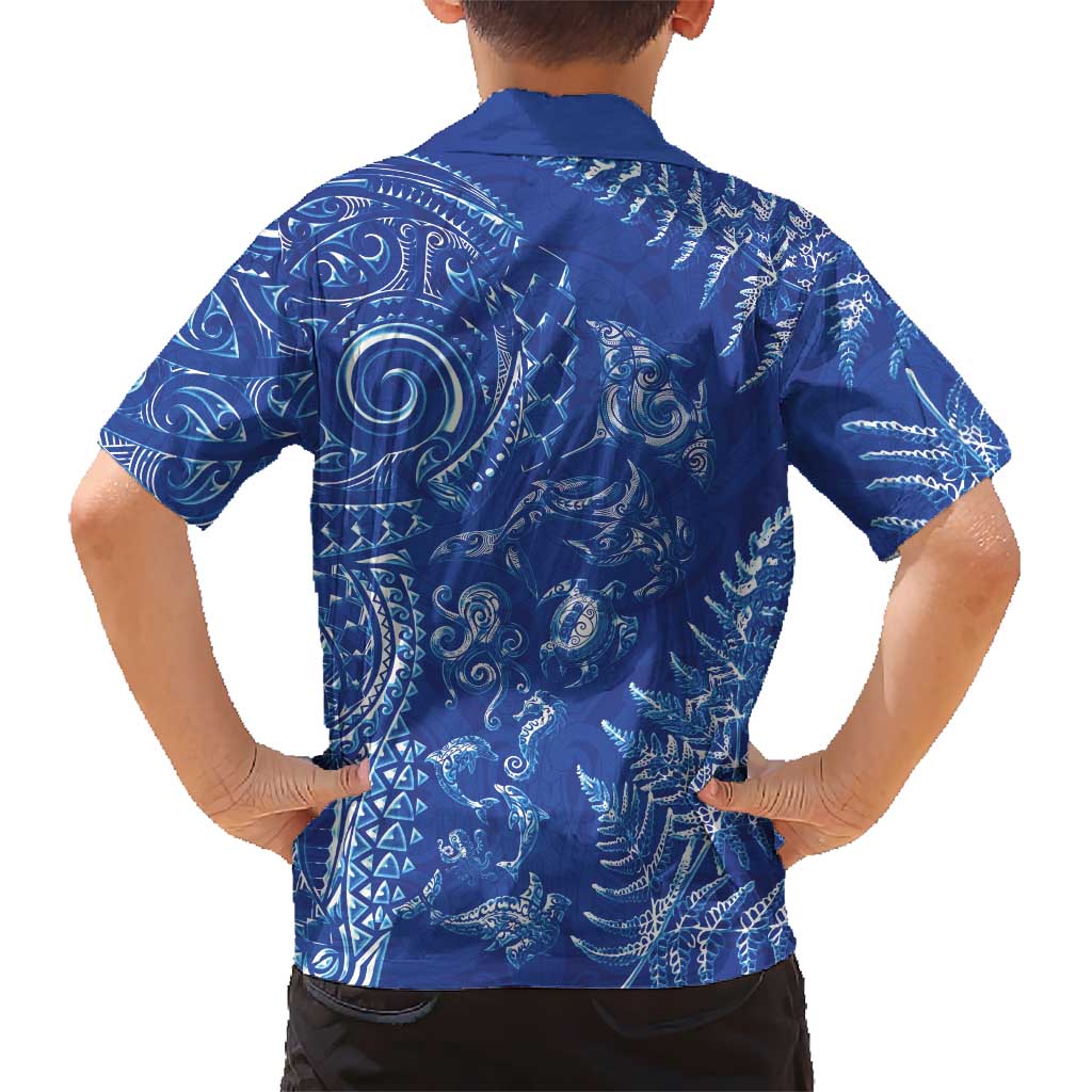 New Zealand Sea Animals Kid Hawaiian Shirt with Maori Koru Tribal Tattoo and Silver Ferns Aquatic Style LT03 - Polynesian Pride