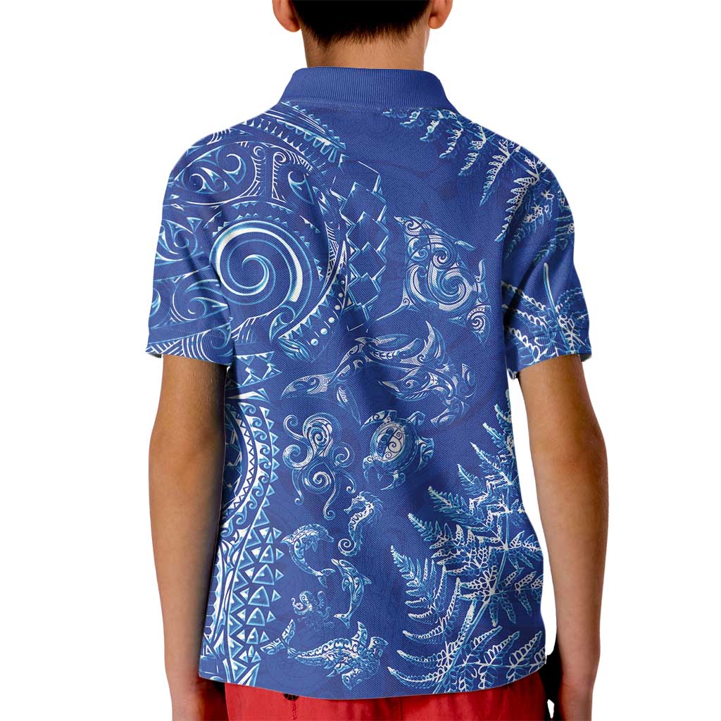 New Zealand Sea Animals Kid Polo Shirt with Maori Koru Tribal Tattoo and Silver Ferns Aquatic Style LT03 - Polynesian Pride