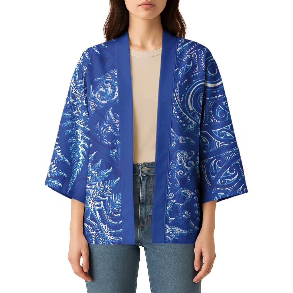 New Zealand Sea Animals Kimono with Maori Koru Tribal Tattoo and Silver Ferns Aquatic Style LT03 - Polynesian Pride