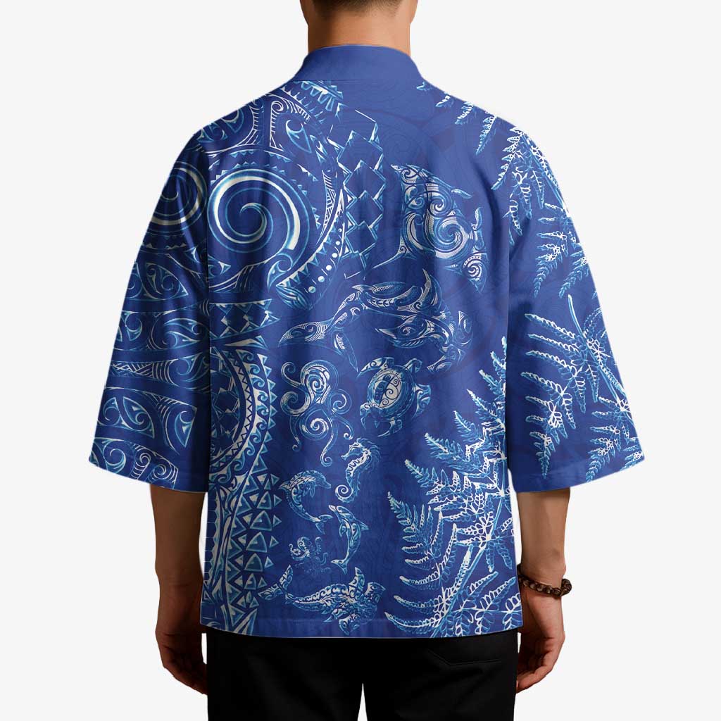New Zealand Sea Animals Kimono with Maori Koru Tribal Tattoo and Silver Ferns Aquatic Style LT03 - Polynesian Pride