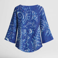 New Zealand Sea Animals Kimono Sleeve Blouse with Maori Koru Tribal Tattoo and Silver Ferns Aquatic Style LT03 - Polynesian Pride