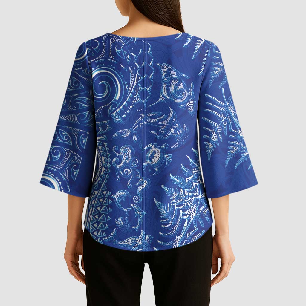 New Zealand Sea Animals Kimono Sleeve Blouse with Maori Koru Tribal Tattoo and Silver Ferns Aquatic Style LT03 - Polynesian Pride