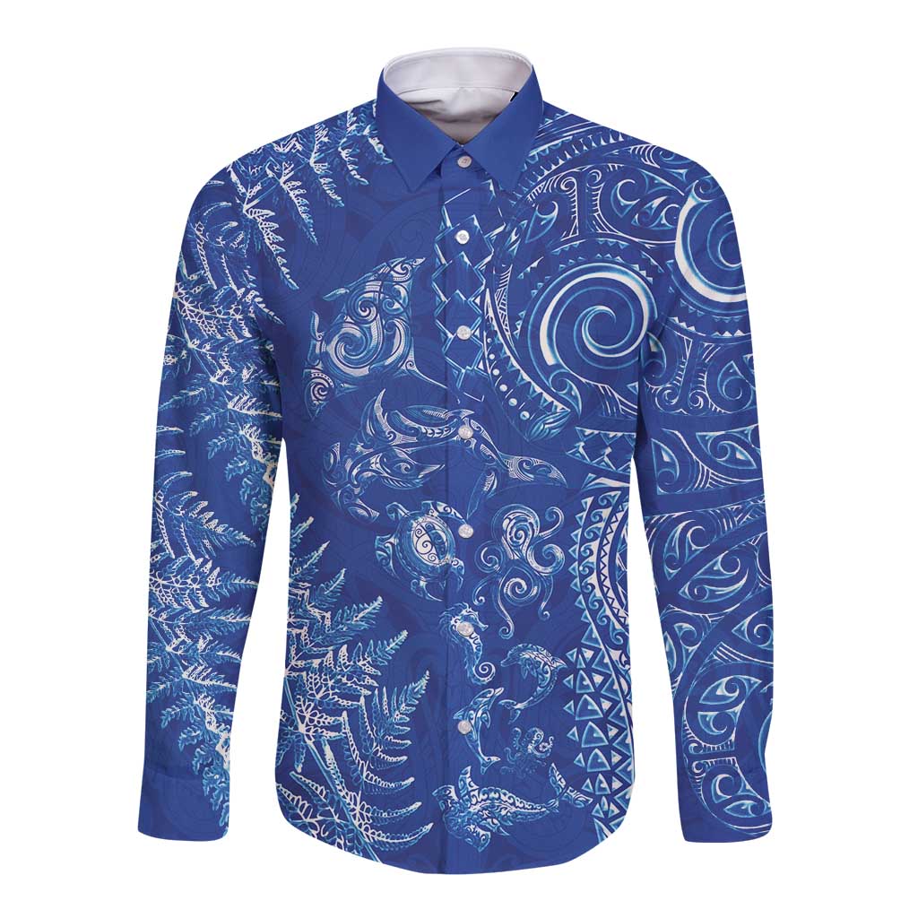 New Zealand Sea Animals Long Sleeve Button Shirt with Maori Koru Tribal Tattoo and Silver Ferns Aquatic Style LT03 Unisex Navy - Polynesian Pride