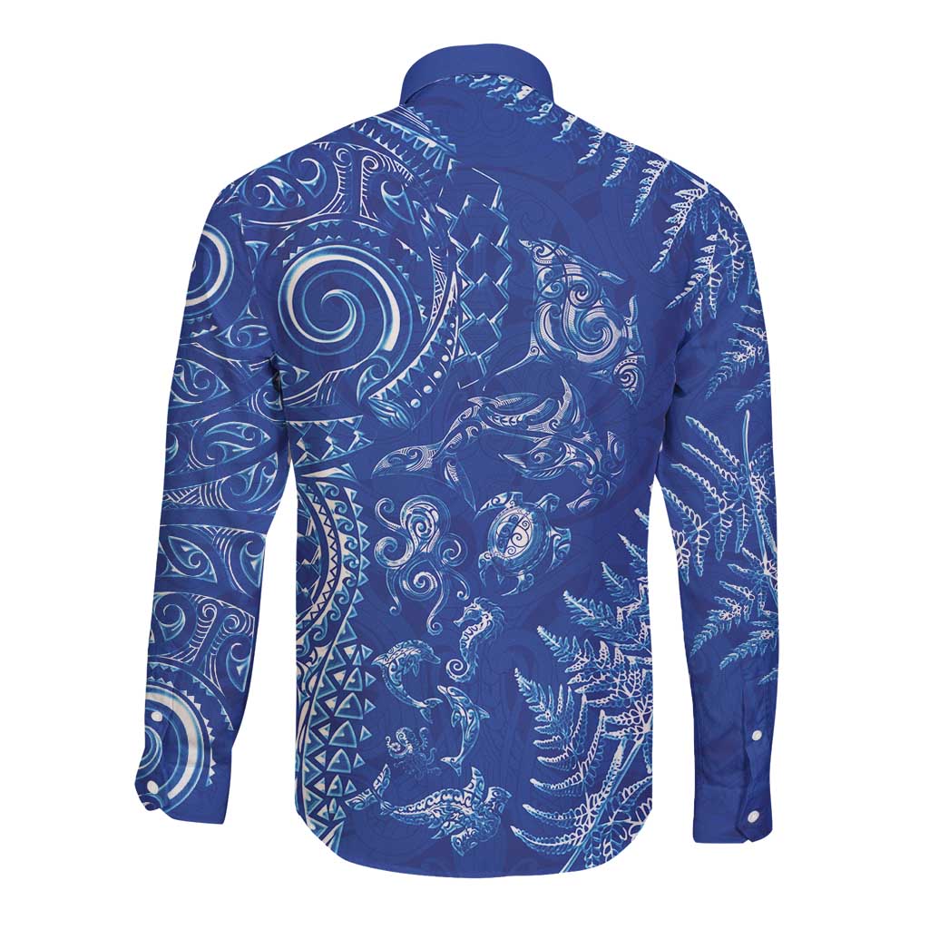 New Zealand Sea Animals Long Sleeve Button Shirt with Maori Koru Tribal Tattoo and Silver Ferns Aquatic Style LT03 - Polynesian Pride