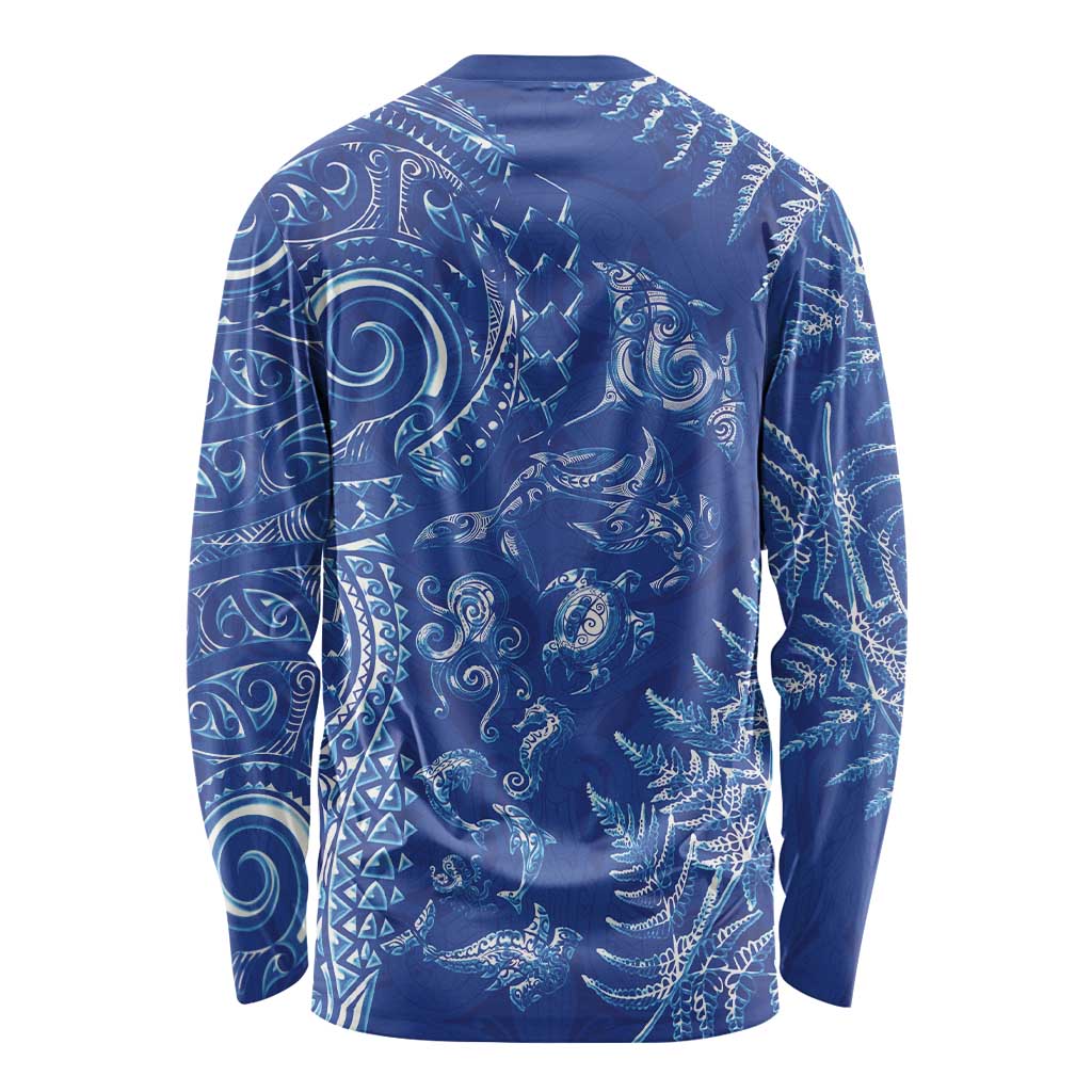 New Zealand Sea Animals Long Sleeve Shirt with Maori Koru Tribal Tattoo and Silver Ferns Aquatic Style LT03 - Polynesian Pride