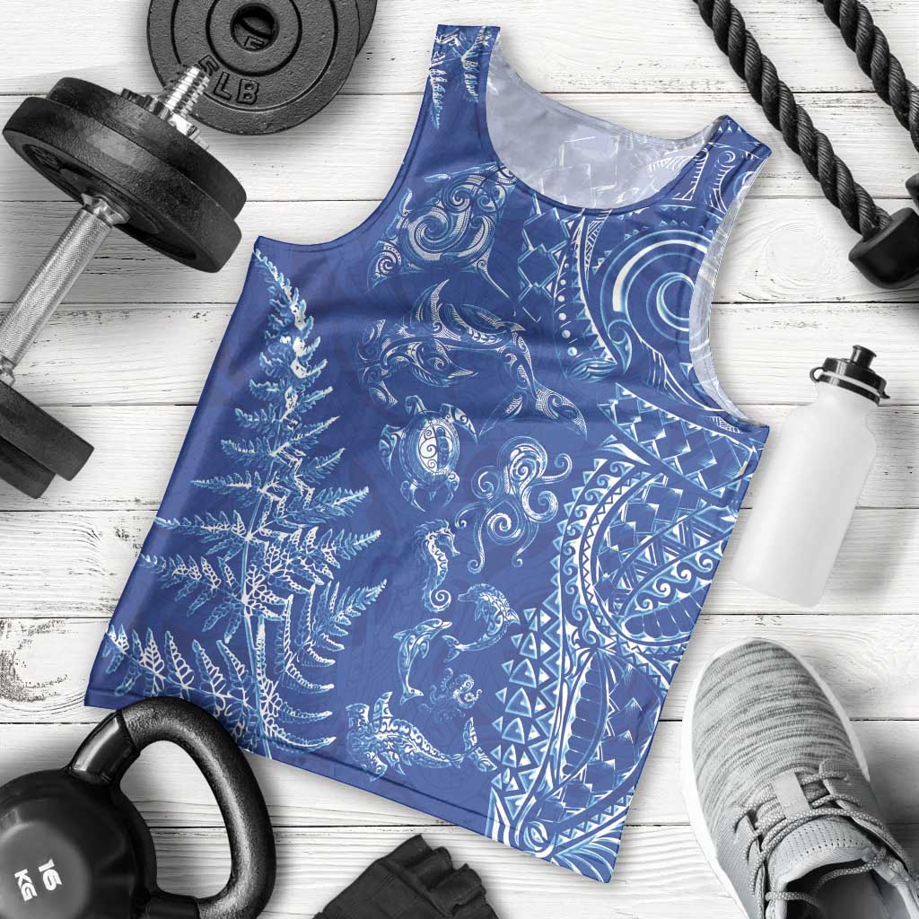 New Zealand Sea Animals Men Tank Top with Maori Koru Tribal Tattoo and Silver Ferns Aquatic Style LT03 - Polynesian Pride