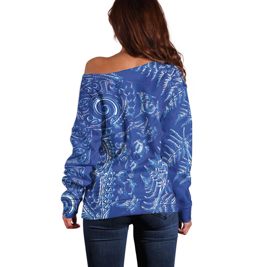 New Zealand Sea Animals Off Shoulder Sweater with Maori Koru Tribal Tattoo and Silver Ferns Aquatic Style LT03 - Polynesian Pride
