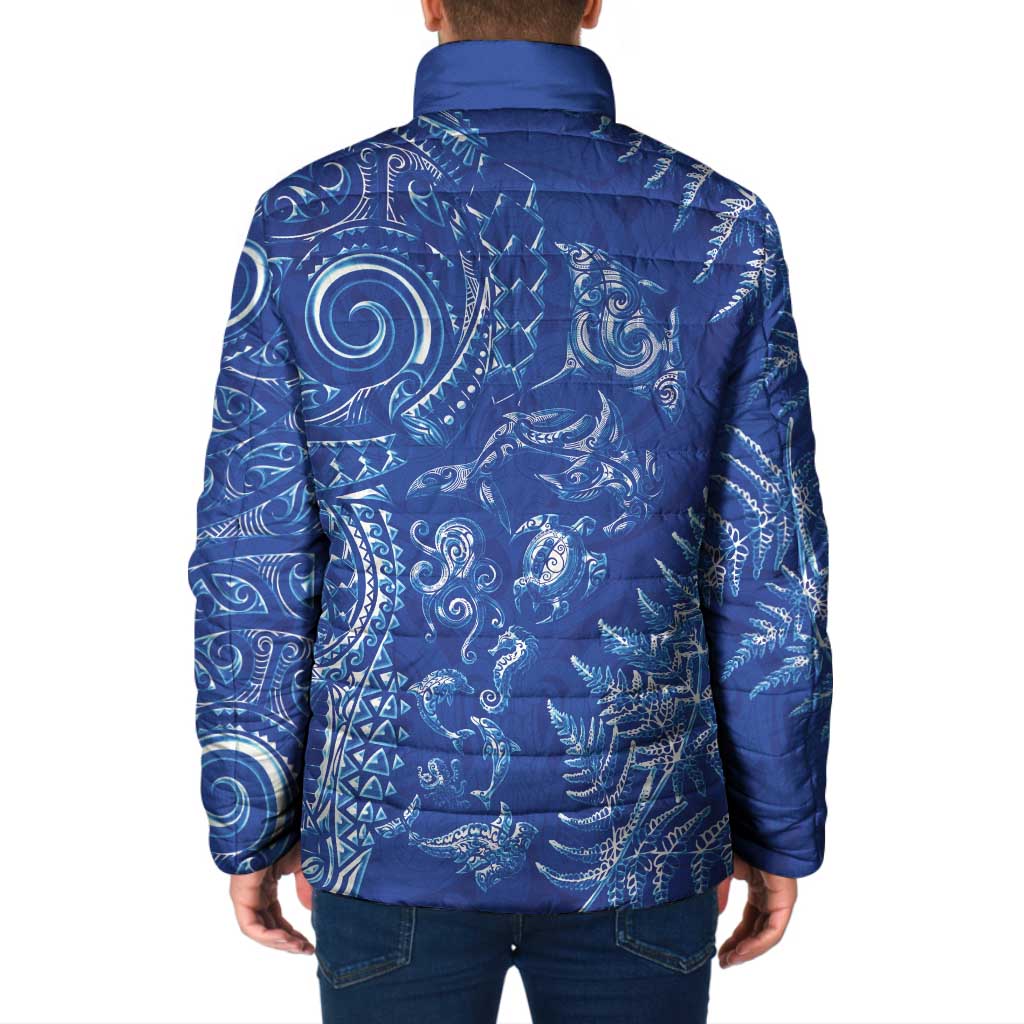 New Zealand Sea Animals Padded Jacket with Maori Koru Tribal Tattoo and Silver Ferns Aquatic Style LT03 - Polynesian Pride