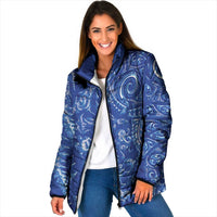 New Zealand Sea Animals Padded Jacket with Maori Koru Tribal Tattoo and Silver Ferns Aquatic Style LT03 Women Navy - Polynesian Pride