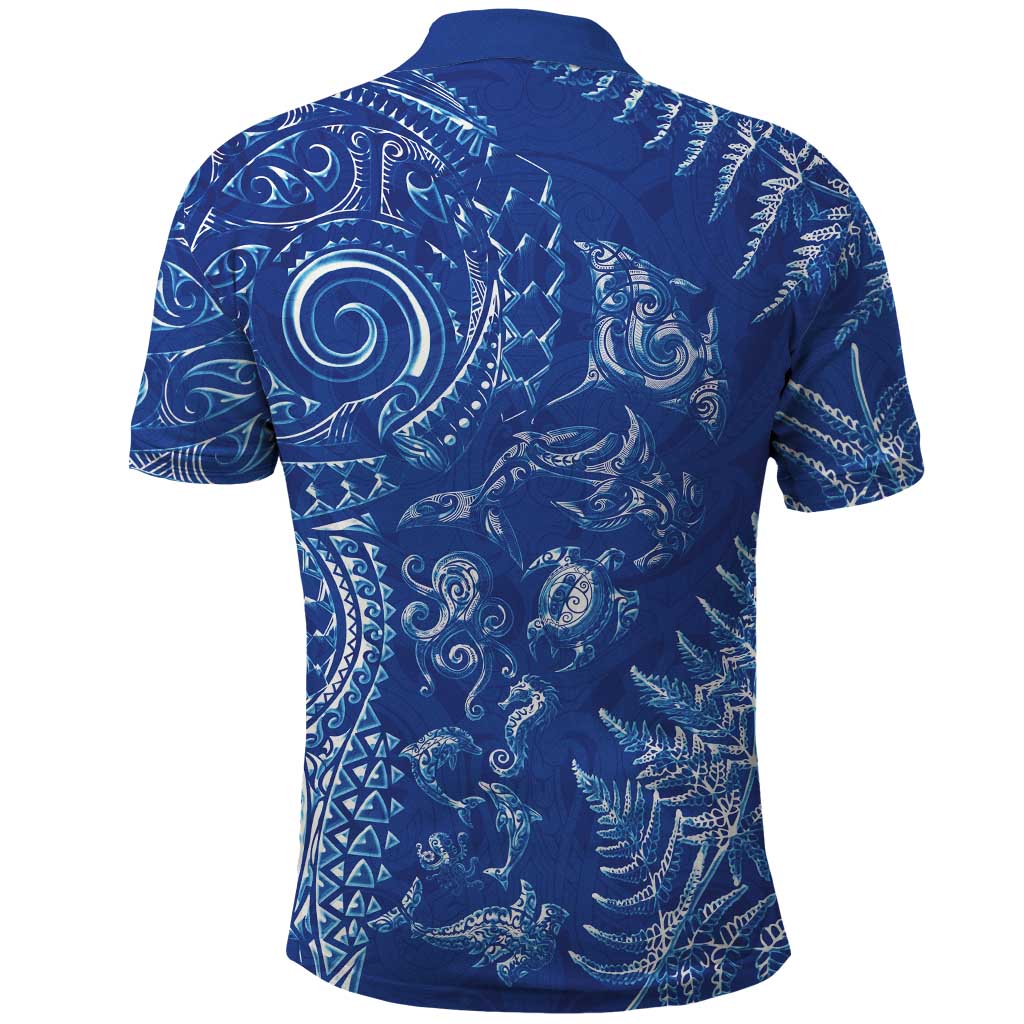 New Zealand Sea Animals Polo Shirt with Maori Koru Tribal Tattoo and Silver Ferns Aquatic Style LT03 - Polynesian Pride