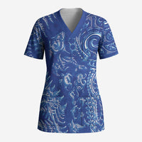 New Zealand Sea Animals Scrub Top with Maori Koru Tribal Tattoo and Silver Ferns Aquatic Style LT03 Adult Navy - Polynesian Pride