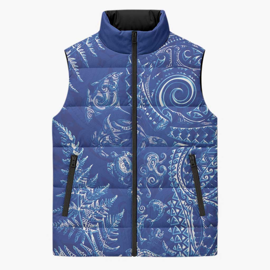 New Zealand Sea Animals Sleeveless Puffer Jacket with Maori Koru Tribal Tattoo and Silver Ferns Aquatic Style LT03 Unisex Navy - Polynesian Pride