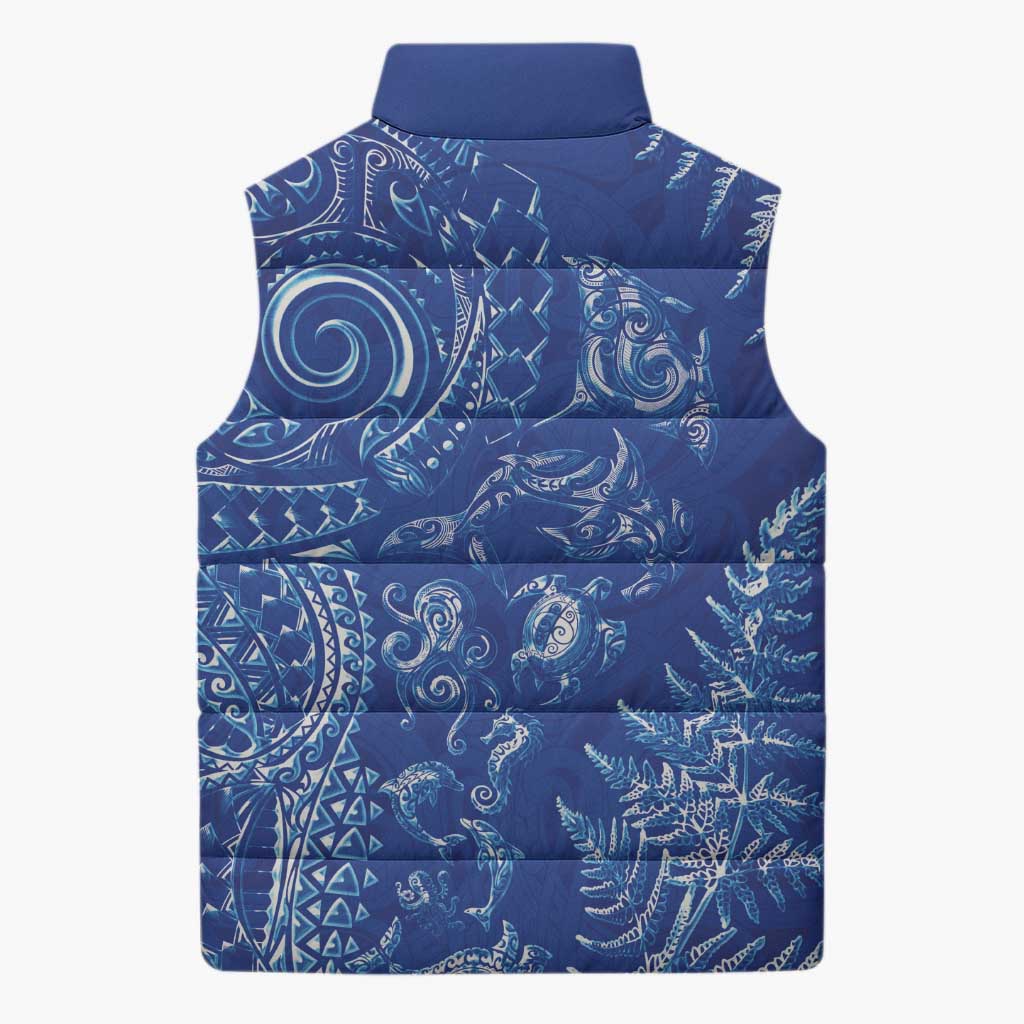 New Zealand Sea Animals Sleeveless Puffer Jacket with Maori Koru Tribal Tattoo and Silver Ferns Aquatic Style LT03 - Polynesian Pride