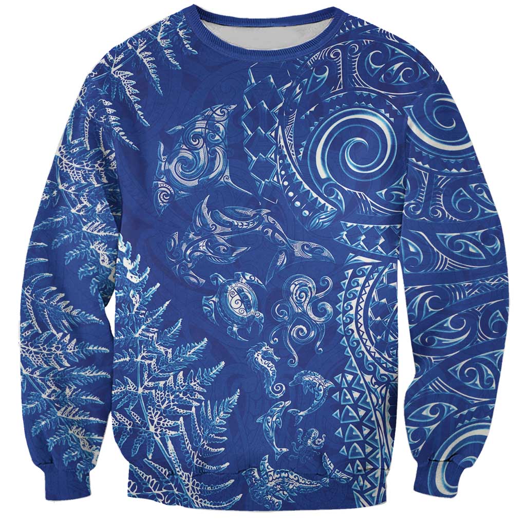 New Zealand Sea Animals Sweatshirt with Maori Koru Tribal Tattoo and Silver Ferns Aquatic Style