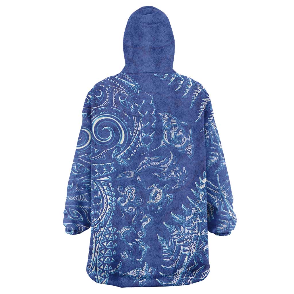 New Zealand Sea Animals Wearable Blanket Hoodie with Maori Koru Tribal Tattoo and Silver Ferns Aquatic Style LT03 - Polynesian Pride