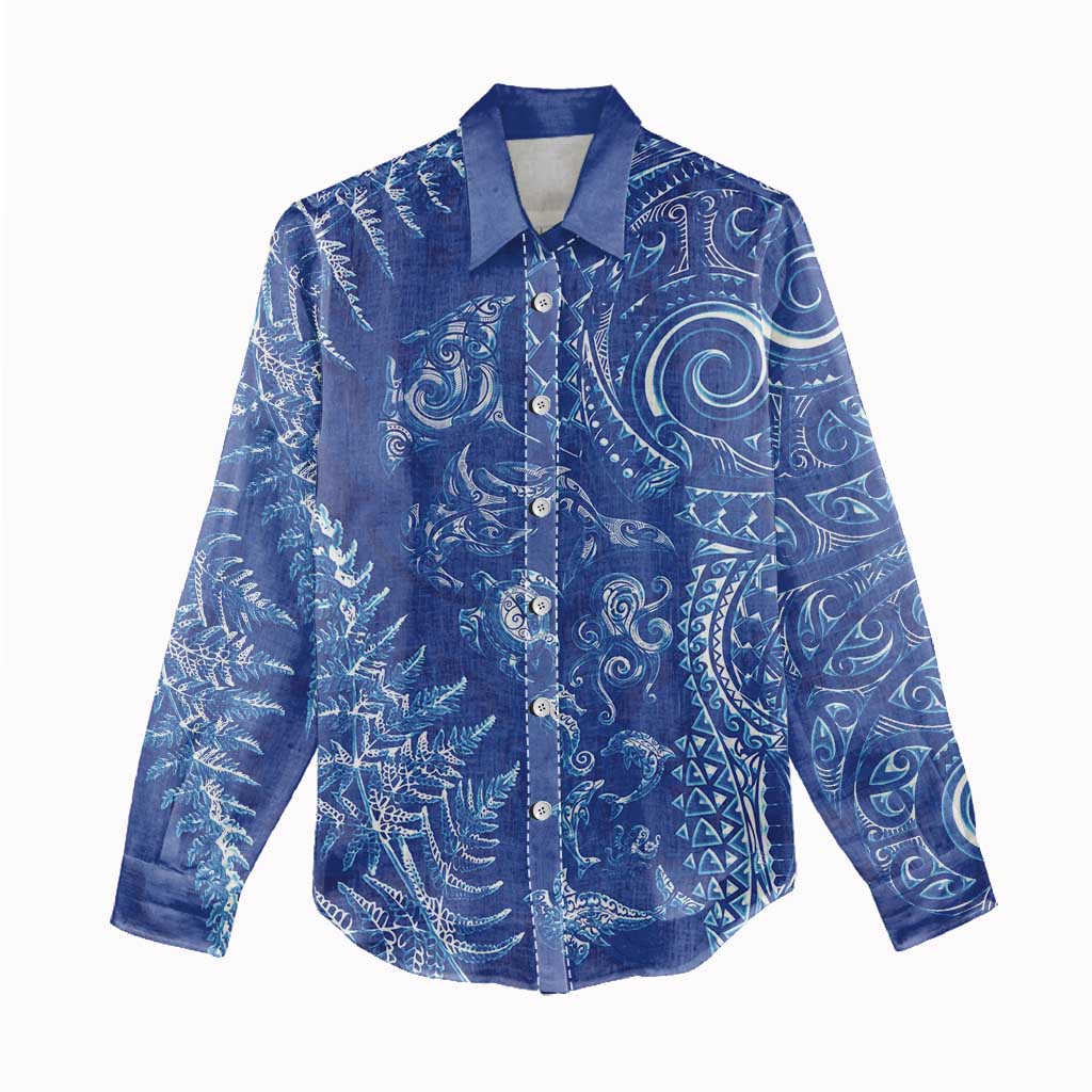 New Zealand Sea Animals Women Casual Shirt with Maori Koru Tribal Tattoo and Silver Ferns Aquatic Style LT03 - Polynesian Pride