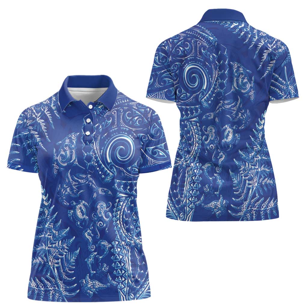 New Zealand Sea Animals Women Polo Shirt with Maori Koru Tribal Tattoo and Silver Ferns Aquatic Style LT03 - Polynesian Pride