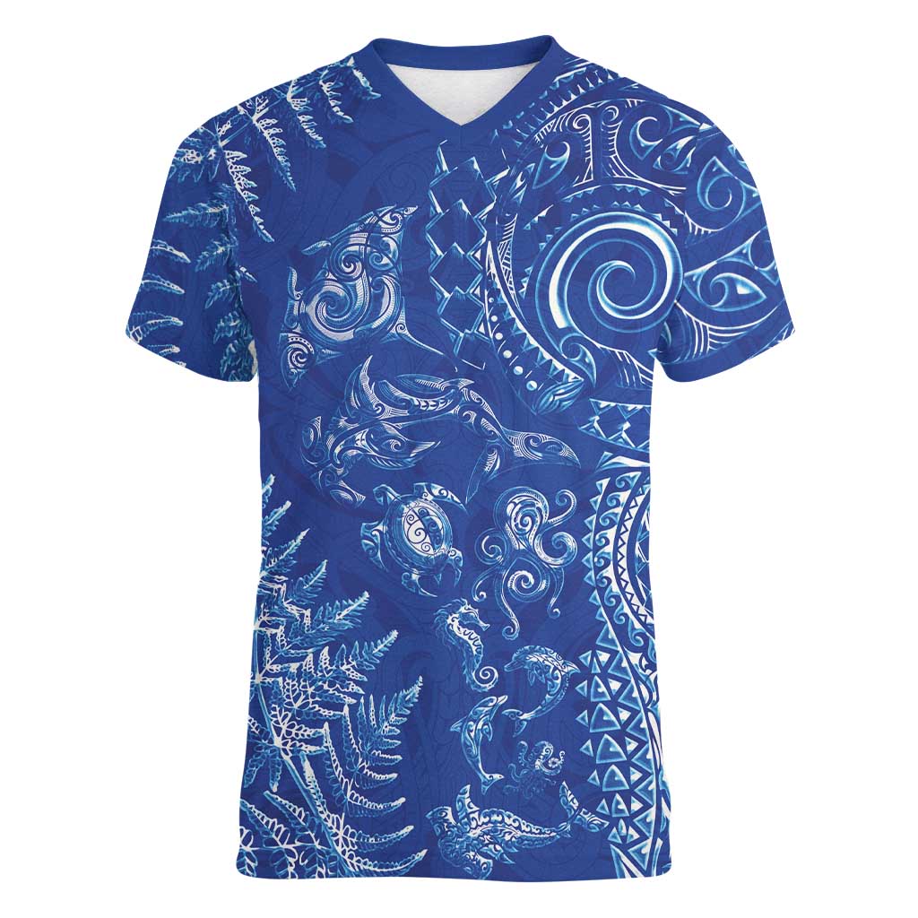 New Zealand Sea Animals Women V-Neck T-Shirt with Maori Koru Tribal Tattoo and Silver Ferns Aquatic Style LT03 Female Navy - Polynesian Pride