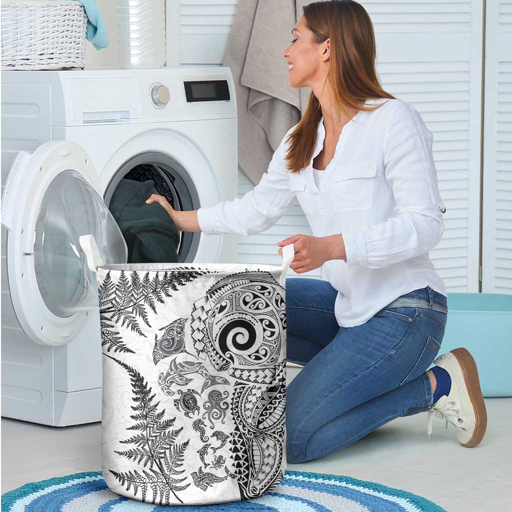 New Zealand Sea Animals Laundry Basket with Maori Koru Tribal Tattoo and Silver Ferns White Color LT03 - Polynesian Pride