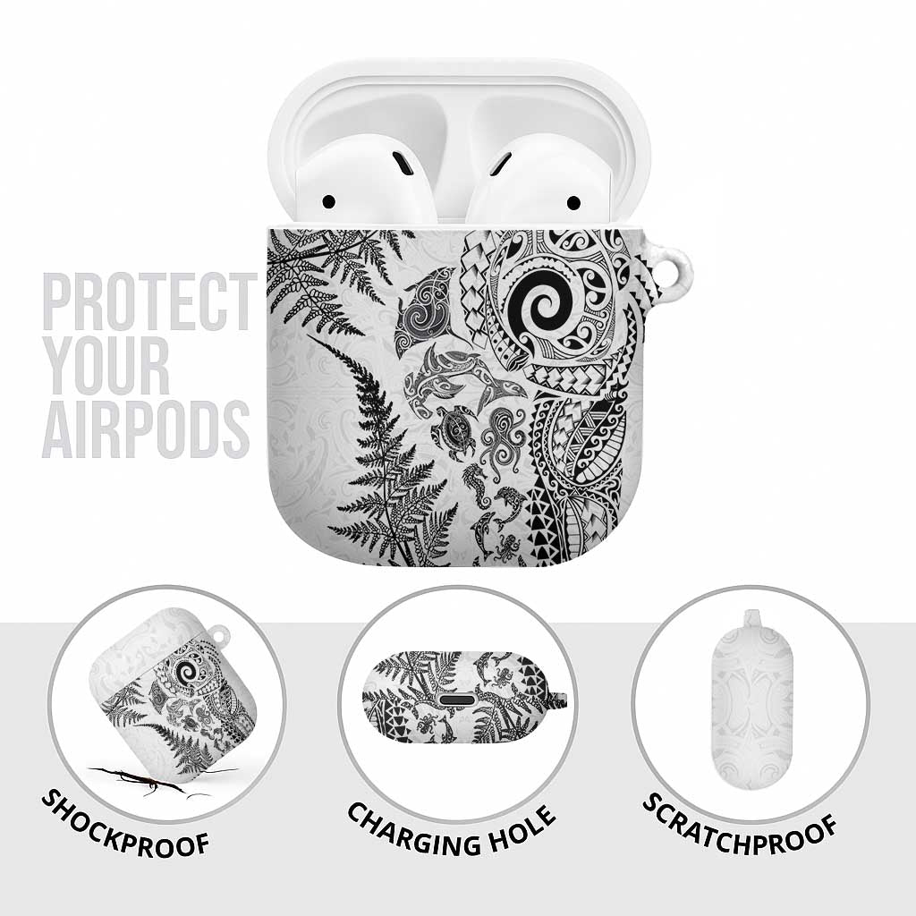 New Zealand Sea Animals AirPods Case with Maori Koru Tribal Tattoo and Silver Ferns White Color LT03 - Polynesian Pride