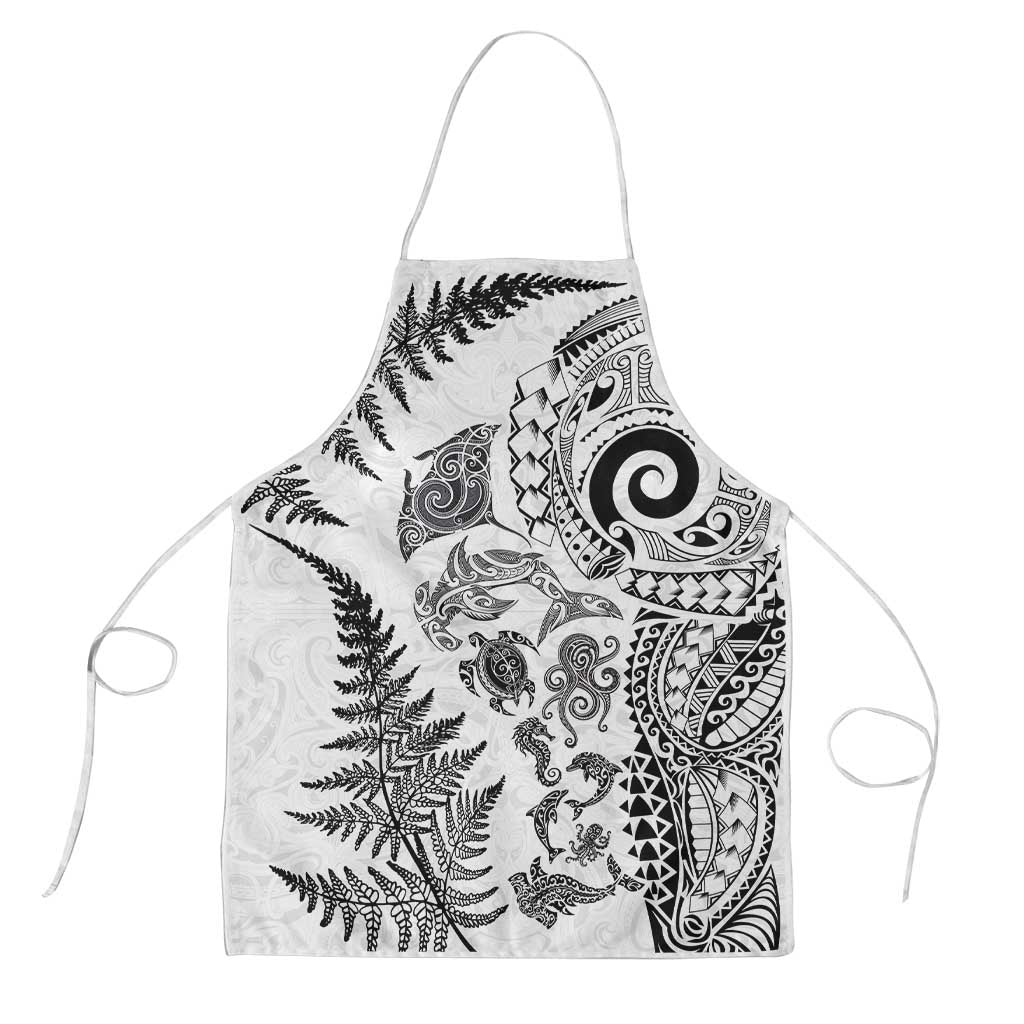 New Zealand Sea Animals Apron with Maori Koru Tribal Tattoo and Silver Ferns White Color