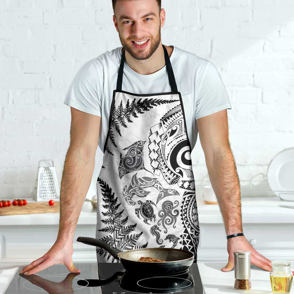 New Zealand Sea Animals Apron with Maori Koru Tribal Tattoo and Silver Ferns White Color LT03 - Polynesian Pride