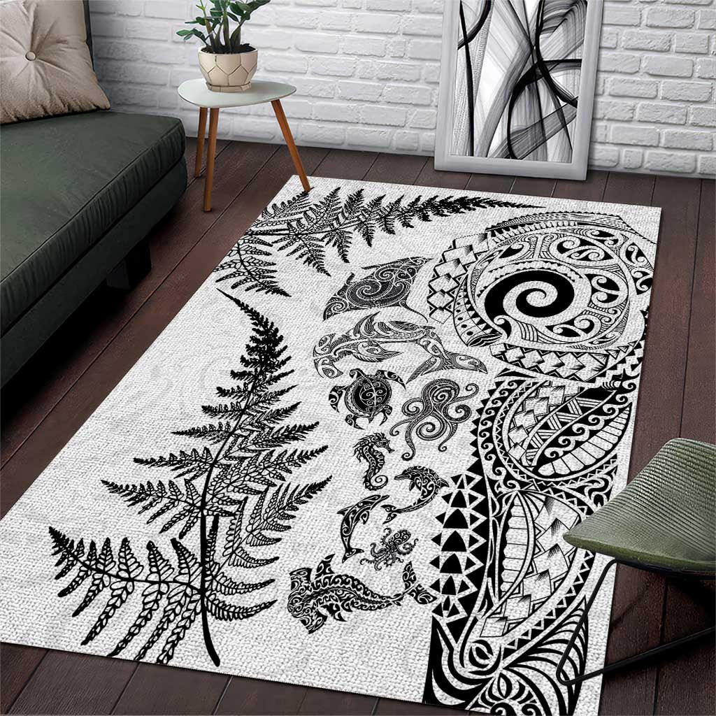 New Zealand Sea Animals Area Rug with Maori Koru Tribal Tattoo and Silver Ferns White Color LT03 White - Polynesian Pride