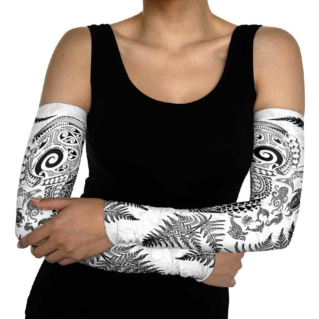 New Zealand Sea Animals Arm Sleeves with Maori Koru Tribal Tattoo and Silver Ferns White Color LT03 - Polynesian Pride