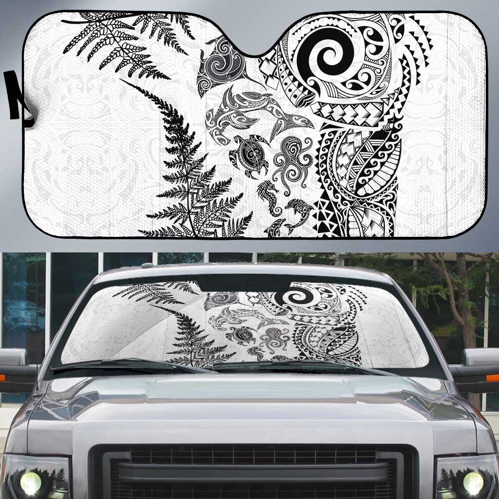 New Zealand Sea Animals Auto Sun Shade with Maori Koru Tribal Tattoo and Silver Ferns White Color LT03 White - Polynesian Pride