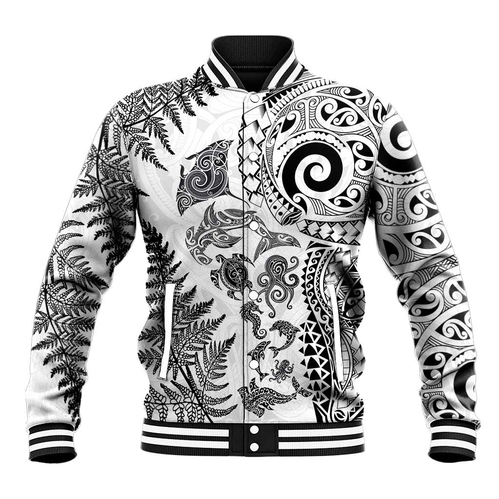 New Zealand Sea Animals Baseball Jacket with Maori Koru Tribal Tattoo and Silver Ferns White Color LT03 Unisex White - Polynesian Pride