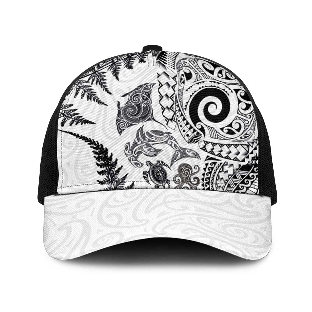 New Zealand Sea Animals Baseball Net Cap with Maori Koru Tribal Tattoo and Silver Ferns White Color