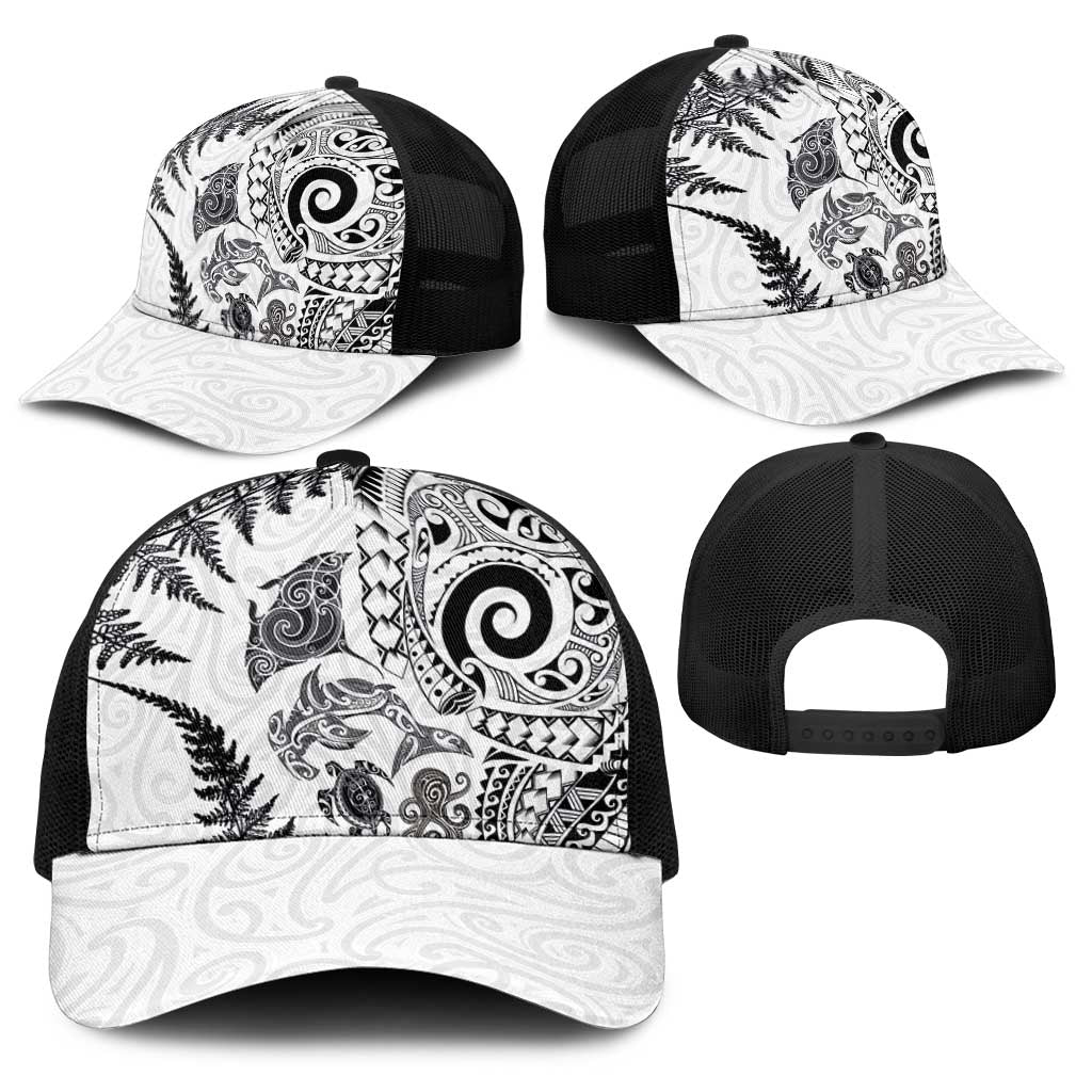 New Zealand Sea Animals Baseball Net Cap with Maori Koru Tribal Tattoo and Silver Ferns White Color