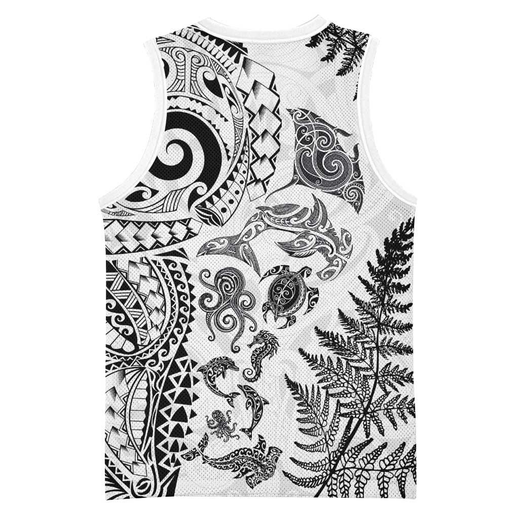 New Zealand Sea Animals Basketball Jersey with Maori Koru Tribal Tattoo and Silver Ferns White Color LT03 - Polynesian Pride