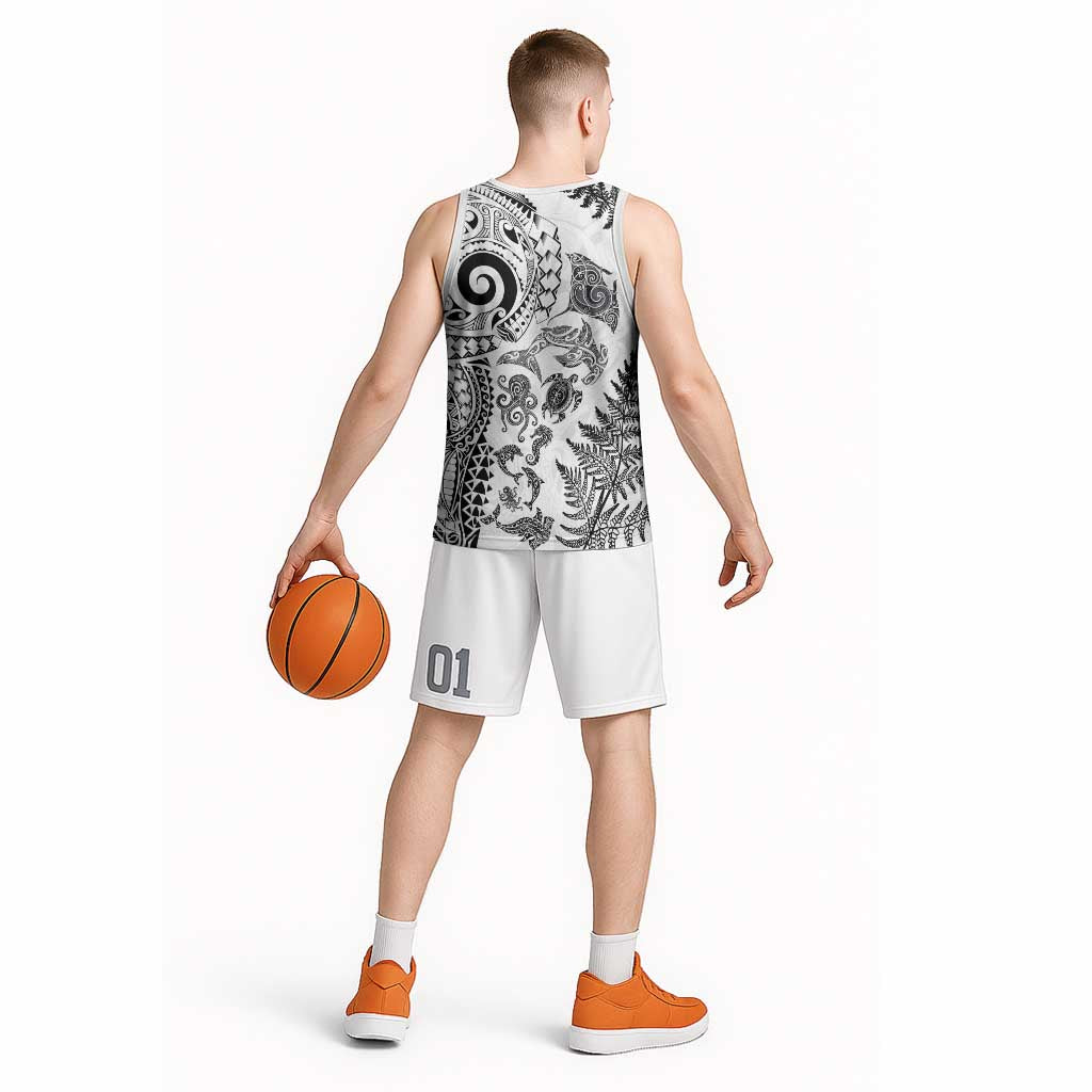 New Zealand Sea Animals Basketball Jersey with Maori Koru Tribal Tattoo and Silver Ferns White Color LT03 - Polynesian Pride
