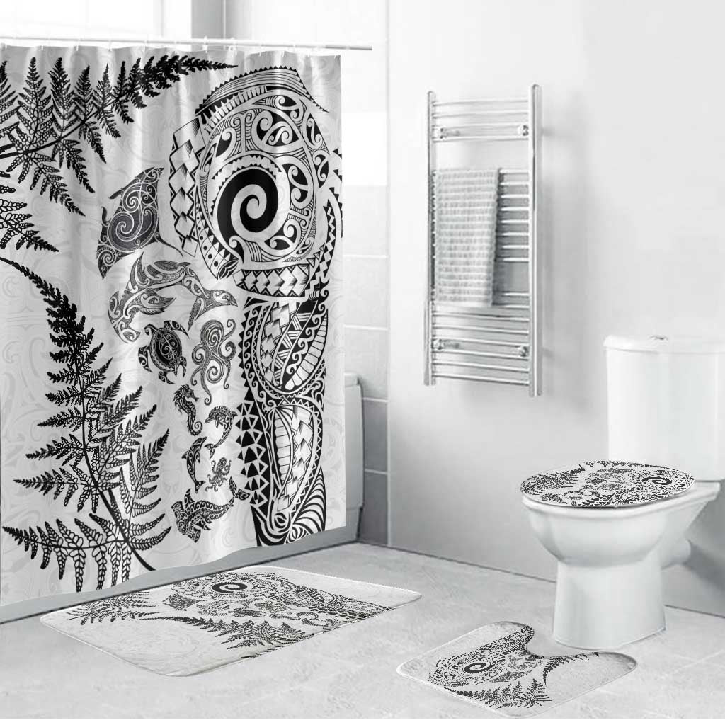 New Zealand Sea Animals Bathroom Set with Maori Koru Tribal Tattoo and Silver Ferns White Color