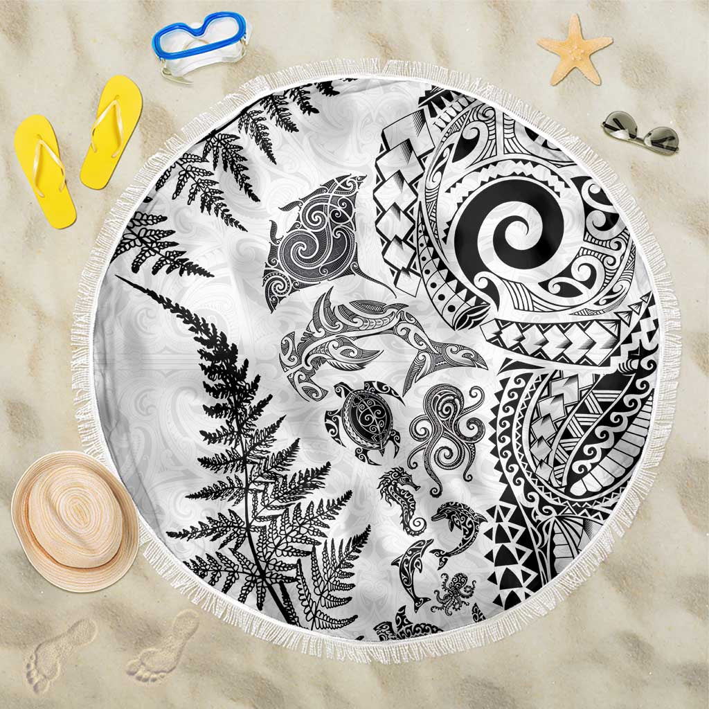 New Zealand Sea Animals Beach Blanket with Maori Koru Tribal Tattoo and Silver Ferns White Color LT03 One Size 150cm White - Polynesian Pride