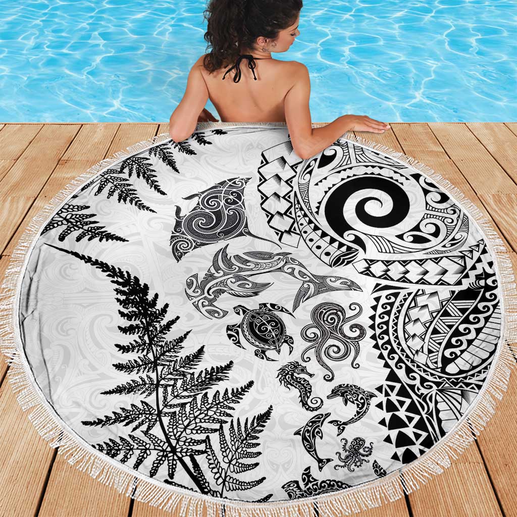 New Zealand Sea Animals Beach Blanket with Maori Koru Tribal Tattoo and Silver Ferns White Color LT03 - Polynesian Pride