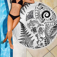 New Zealand Sea Animals Beach Blanket with Maori Koru Tribal Tattoo and Silver Ferns White Color LT03 - Polynesian Pride