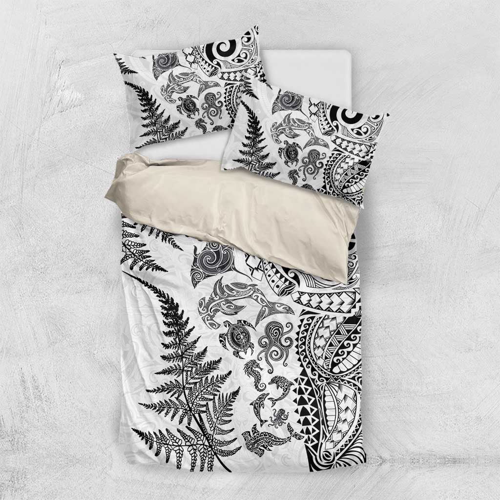 New Zealand Sea Animals Bedding Set with Maori Koru Tribal Tattoo and Silver Ferns White Color